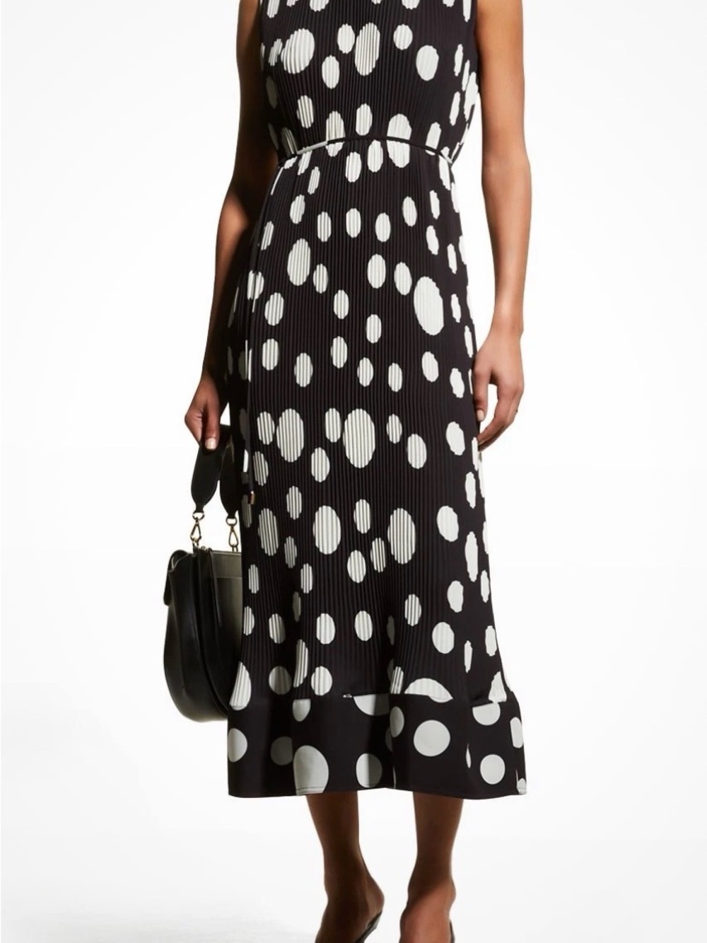 Milly Sleeveless Black Midi Dress with White Polka Dot Print